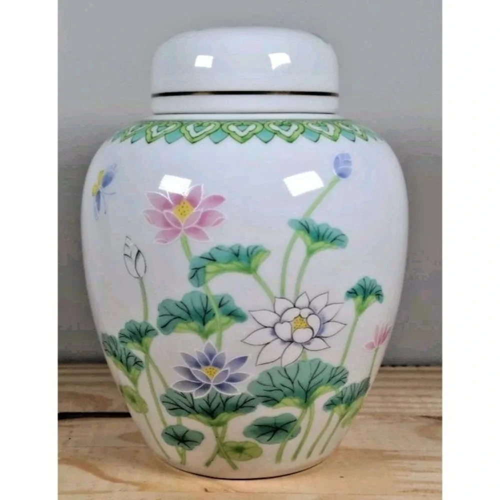 Vintage Otagiri Japanese Floral Ginger Jar Porcelain Lotus Garden Decor 6 Inch